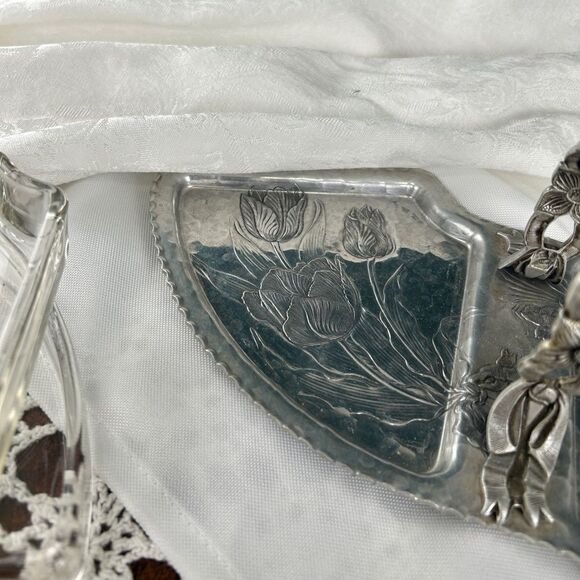 Vintage Floral Pewter Silver Tray with Glass Dishes - Picture 5 of 8